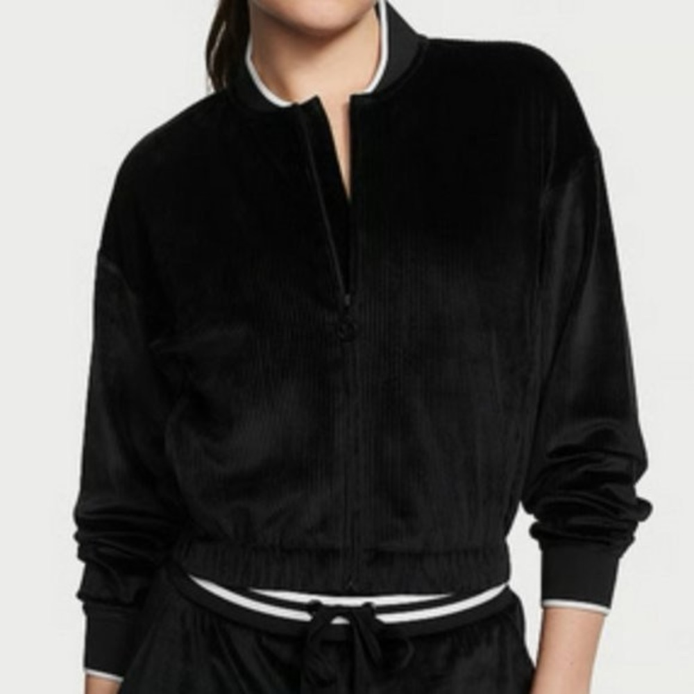 Victoria’s Secret Jacket Top Women Large Black Velour Zip Up Lounge Long Sleeve